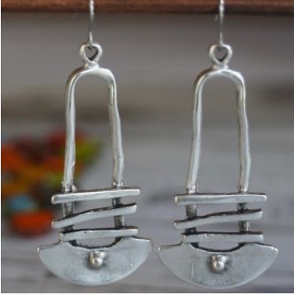 New Native Tribal Handmade Sterling Silver Antique Style Geo Dangle Earrings - Picture 11 of 16